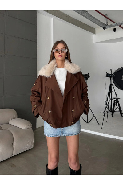 ASEDE Yakası Kürk Detay Düğmeli Cepli Astarlı Premium Trenç Ceket