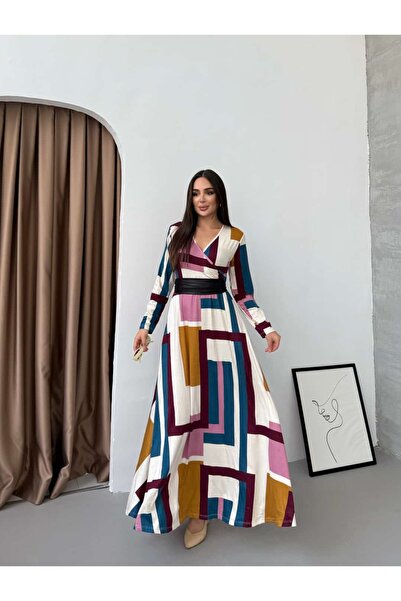 KOKOSH 1021 Kare Desenli Kemerli Elbise