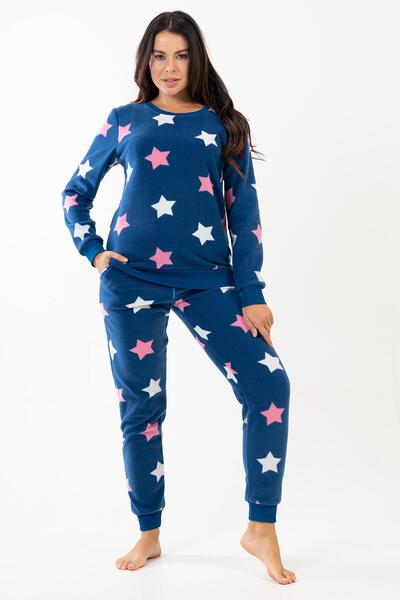 VİENETTA Women's Indigo Color Long Sleeve Crew Neck Fleece Pajama Set C2T2N0902