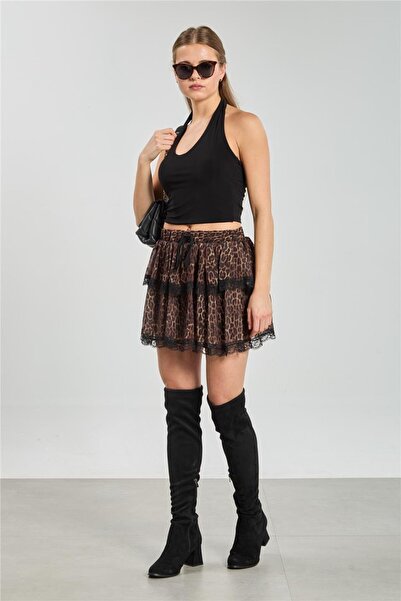 BARRELS AND OIL Women's Leopard Print Ruffled Mini Skirt - Brown