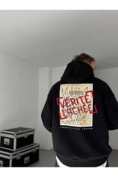 BYBASICMAN Siyah Verite Nakışlı Kapüşonlu Sweatshirt TW-7082