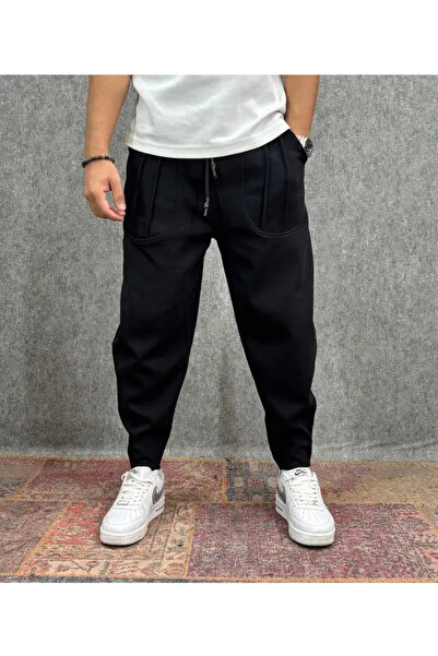 FıttingRoom Beli Lastikli Kaşe Cep Nervür Detaylı Siyah Baggy Pantolon