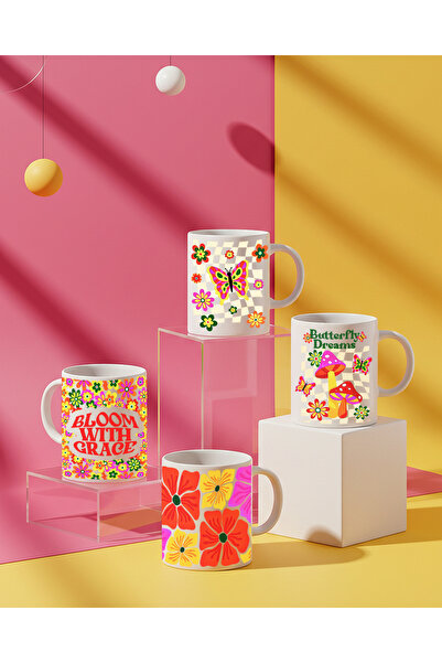 Allin طقم أكواب شاي وقهوة بتصميم زهور وفراشات وردية - تصميم أنيق، مثالي للهدا...