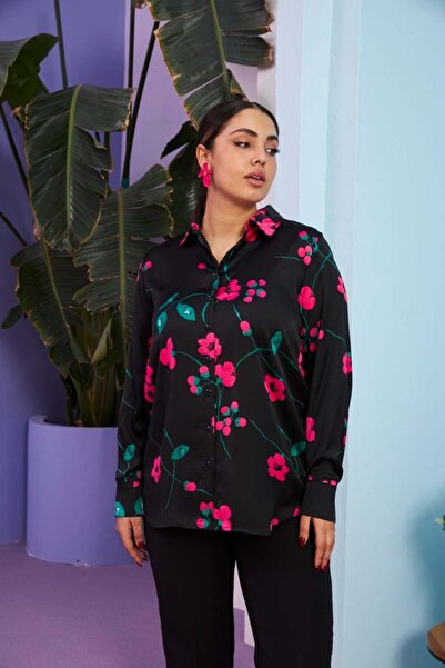 RMG Gamze Moda Flower Patterned Plus Size Satin Shirt