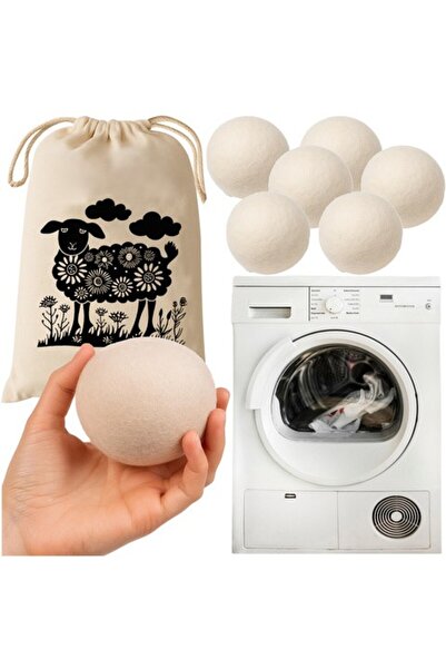 zola Set of 6 sheep wool balls for dryer and aromatherapy, reusable, 7.5 cm, bag, cream