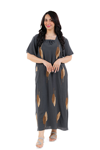 amaan Women's Modern Midi Jalabiya Dress with Gold Leaf Pattern, Short Sleeves, Square Neckline.