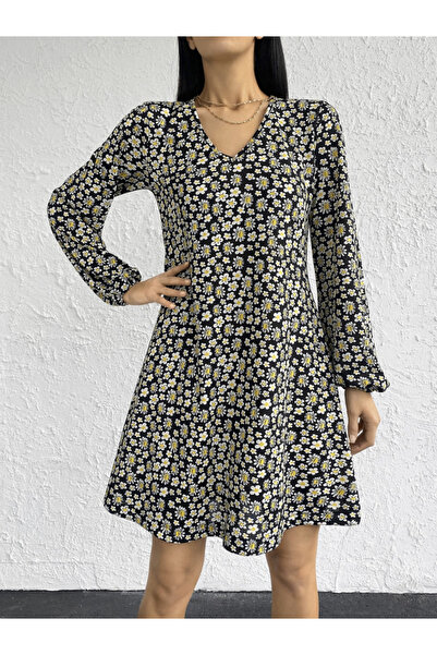 JANES Women's Long Sleeve V-neck Floral Patterned Helen Fabric Dress