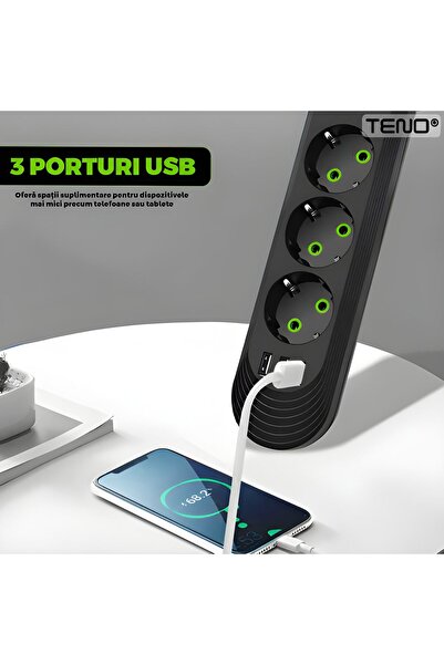 Tim Professional Extension Cord 5 Outlets + 3 USB, Surge Protection, LED, 2500W