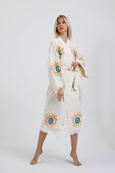 Befera Design Muslin Kimono 100% Cotton Eye Printed Patterned Bathrobe Kaftan Dressing Gown