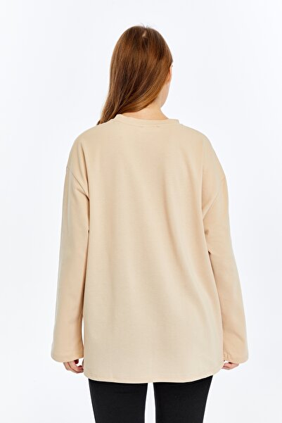 BASICA Clasy Beige Lacost Fabric Long Sleeve Crew Neck Basic Oversize T-Shirt