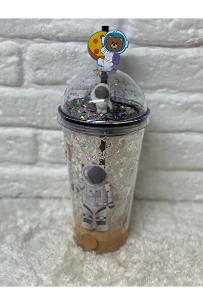 MutfakMarket Cup with Straw, Water Bottle, Cute Drinking Bowl, 450 Ml, with Double Astronaut Figures