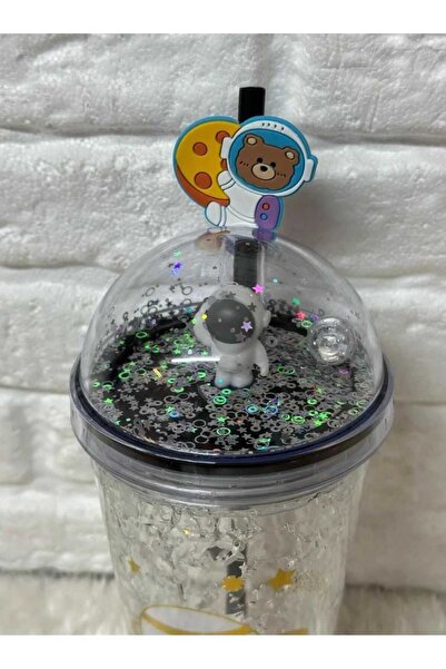 MutfakMarket Cup with Straw, Water Bottle, Cute Drinking Bowl, 450 Ml, with Double Astronaut Figures
