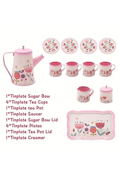 TOYFEST Çiçek Desenli Metal Çay Seti 12 Parça – Çocuklar İçin Renkli Oyun Çay Servis Takımı - Pembe