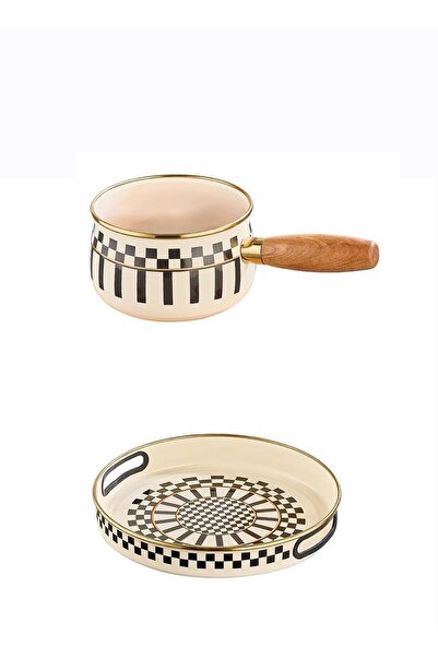 Altabi Prime Cream Emaye Ahşap Saplı Sosluk / Sütlük – 14 CM ve Emaye Servis ...