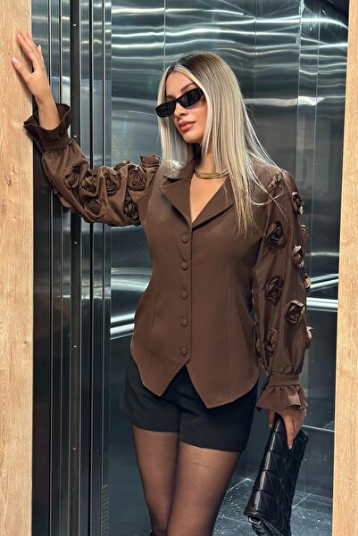 RB CLUB Γυναικεία μπλούζα με μανίκια από σιφόν με λεπτομέρεια τριαντάφυλλου καφέ