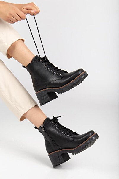 prenses shoes Kadın Chelsea Bot Siyah Çilt Su Geçirmez Önden Bağcıklı Yandan Fermuarlı