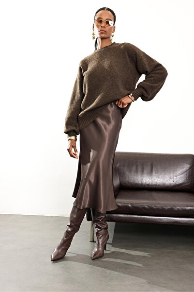 5in1Canpolat Kahverengi Saten Volanlı Etek 17000