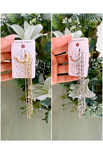 Lilyum Aksesuar Uzun Sallantılı Delik Gerektirmeyen Silver Gri Gümüş Renk Earcuff Kıkırdak Küpe (1 ADET)