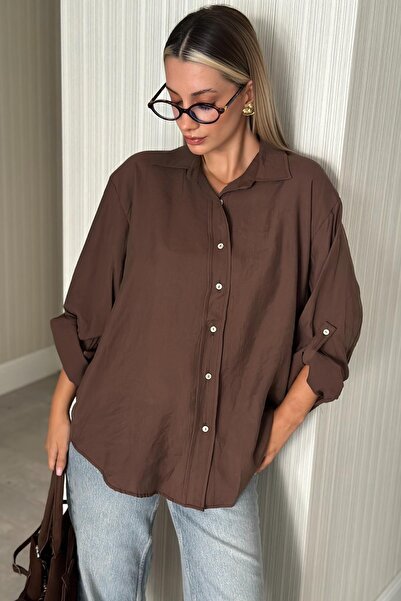 RB CLUB Cămașă largi pentru femei, fără umăr, maro