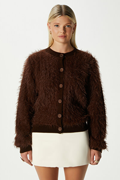 Ritnice Women's Rush Soft Bearded Brown Crew Neck Knitwear Cardigan Ws-07226