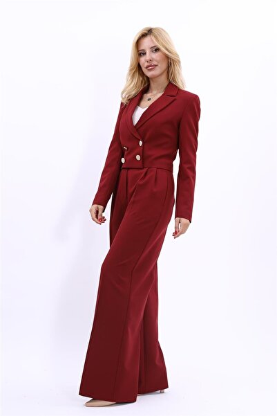 ÖNDER ÖZSOY Mini Blazer Ceket & Yüksek Bel Pileli Bol Paça Pantolon Takım-Bordo