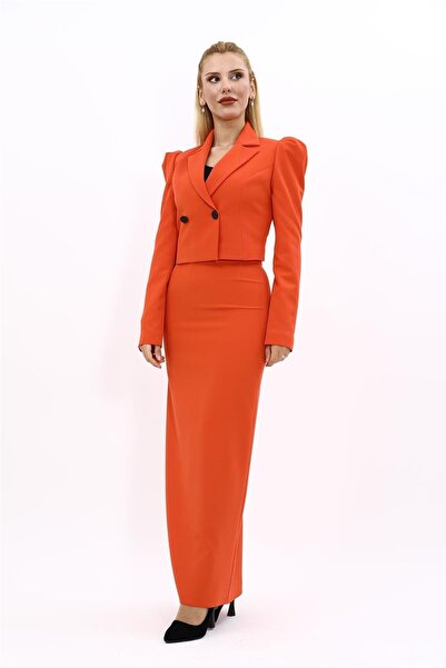 ÖNDER ÖZSOY Shirt Collar Short Jacket & Long Straight Tight Skirt-Orange - 10...