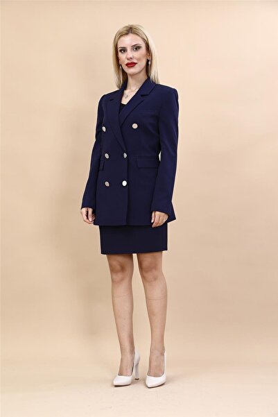 ÖNDER ÖZSOY Erkek Yaka Kuruvaze Blazer Ceket & Yırtmaçlı Düz Dar Etek-Lacivert