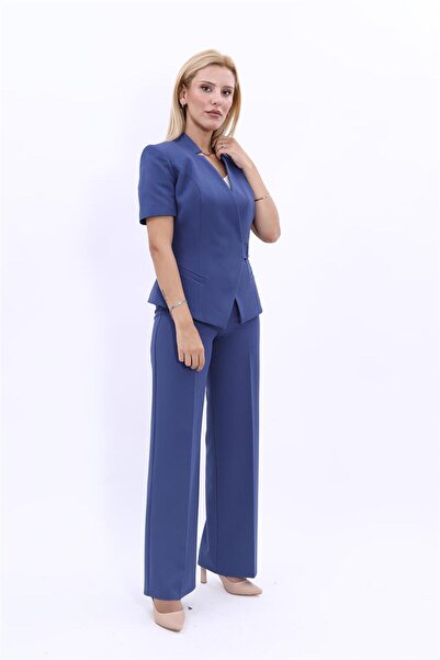 ÖNDER ÖZSOY Tokalı Kısa Kollu Ceket & Bol Paça Pantolon Takım-İndigo