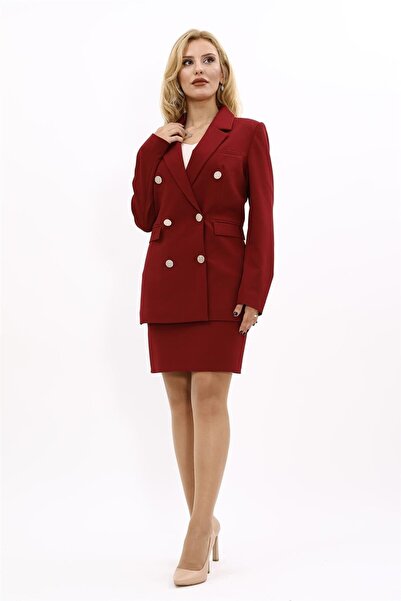 ÖNDER ÖZSOY Blazer Ceket & Kısa Kalem Etek Takım-Bordo