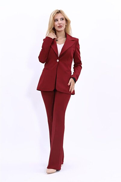 ÖNDER ÖZSOY Erkek Yaka Tek Düğmeli Klasik Ceket & İspanyol Paça Pantolon-Bordo