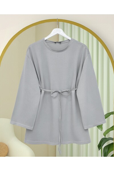 Modamorfo Round Neck Tie-Waist Combed Cotton Tunic - Light Gray