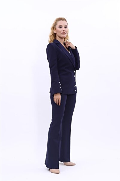 ÖNDER ÖZSOY Erkek Yaka Düğme Detaylı Ceket & İspanyol Paça Pantolon-Lacivert