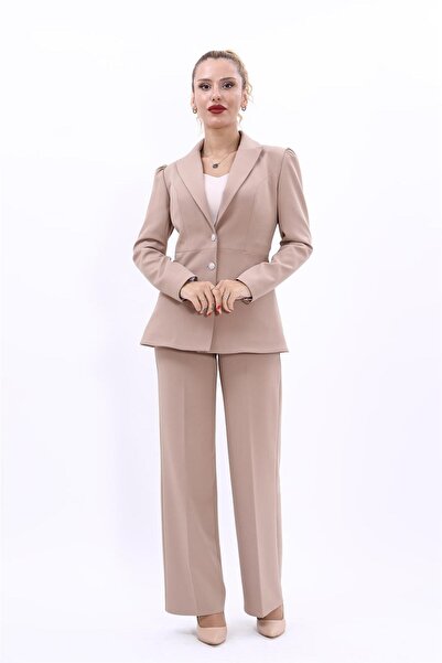 ÖNDER ÖZSOY Midi Boy Drape Kol Ceket & Bol Paça Pantolon Takım-Taş