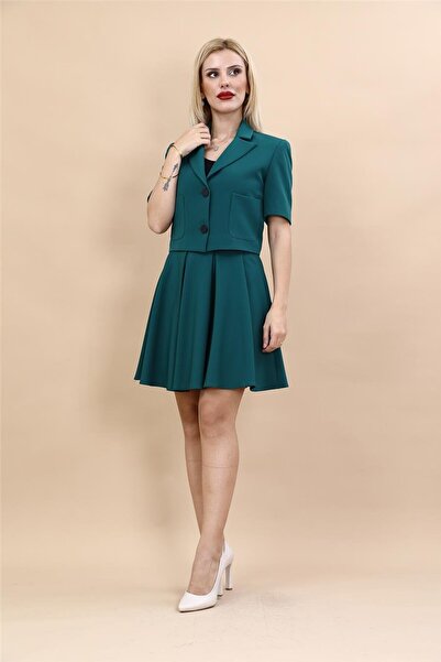 ÖNDER ÖZSOY V Yaka Kısa Ceket & Kısa Kloş Etek-Petrol