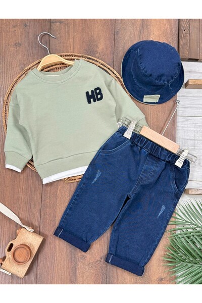 Childona Baby Kids Hb Embroidery Detailed Sweatshirt Lycra Jeans Hat 3-Piece Baby Boy and Child Set