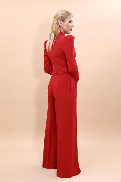 ÖNDER ÖZSOY Drape Ceket & Yüksek Bel Pileli Bol Paça Pantolon Takım-Kırmızı