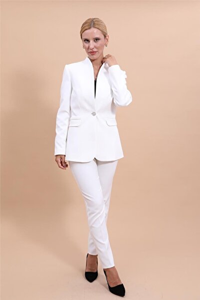 ÖNDER ÖZSOY Self-Standing Collar Jacket & Skinny Leg Trousers-White - 1072510