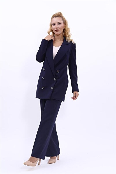 ÖNDER ÖZSOY Uzun Klasik Blazer Ceket & Bol Paça Pantolon Takım-Lacivert