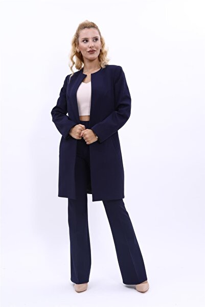 ÖNDER ÖZSOY Zero Collar Plain Long Jacket & Spanish Flare Trousers-Navy Blue ...