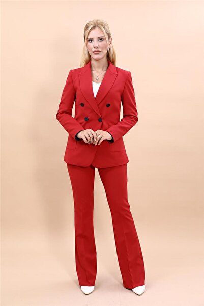 ÖNDER ÖZSOY Cep Torbalı Ceket & İspanyol  Paça Pantolon Takım-Kırmızı