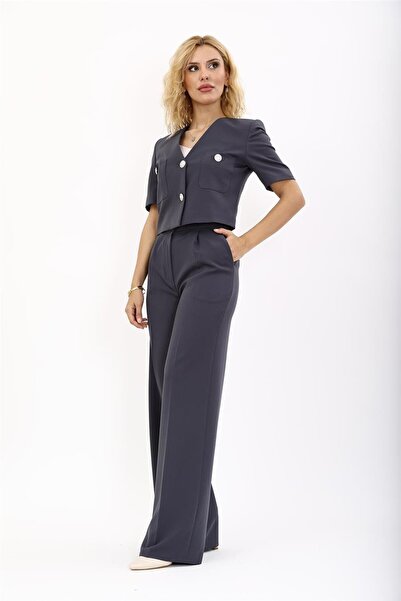 ÖNDER ÖZSOY V-Neck Short Jacket & Corsage Belt Palazzo Trousers-Smoked - 1052522