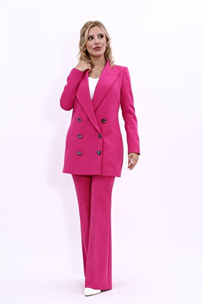 ÖNDER ÖZSOY Uzun Klasik Blazer Ceket & İspanyol  Paça Pantolon Takım-Fuşya