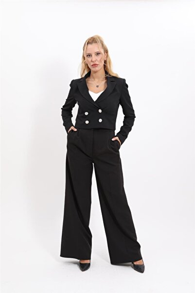 ÖNDER ÖZSOY Mini Blazer Ceket & Yüksek Bel Pileli Bol Paça Pantolon Takım-siyah