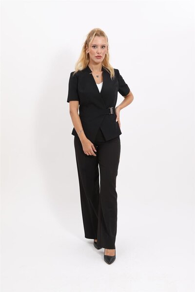 ÖNDER ÖZSOY Tokalı Kısa Kollu Ceket & Bol Paça Pantolon Takım-Siyah