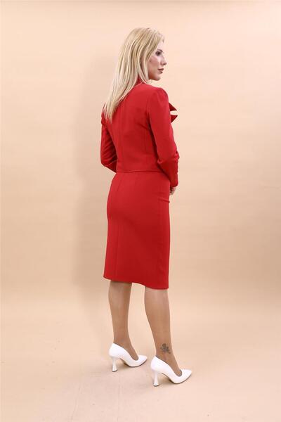 ÖNDER ÖZSOY Düşük Yaka Mini Ceket & Kalem Etek Takım-Kırmızı
