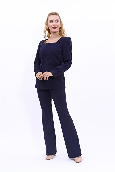 ÖNDER ÖZSOY Kare Yaka Ceket & İspanyol Paça Pantolon-Lacivert