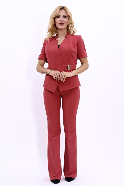 ÖNDER ÖZSOY Hakim Yaka Yandan Tokalı Çapraz Ceket & İspanyol Paça Pantolon-Kiremit