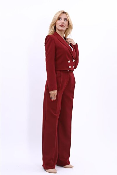 ÖNDER ÖZSOY Mini Blazer Ceket & Yüksek Bel Pileli Bol Paça Pantolon Takım-Bordo