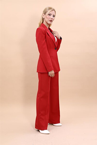 ÖNDER ÖZSOY Erkek Yaka Tek Düğmeli Klasik Ceket & Bol Paça Pantolon Takım-Kırmızı