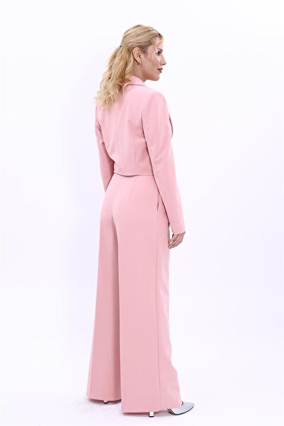 ÖNDER ÖZSOY Tek Düğme Mini Ceket & Yüksek Bel Pileli Bol Paça Pantolon Takım-Pudra